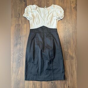 Rebecca Taylor Women's Flutter Sleeve V-Neck Midi Dress Size 6 Black/Beige